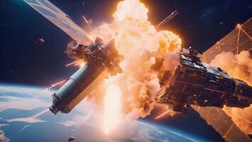 A dramatic scene of a spacecraft under attack by enemies in the depths of outer space, set against a background of planets and distant galaxies, capturing video