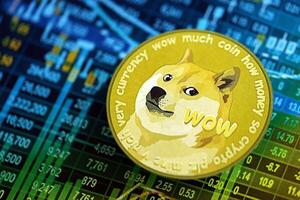 KYIV, UKRAINE - AUGUST 17, 2024 DOGE Meme coin on cryptocurrency trading chart with calculations in different colors photo