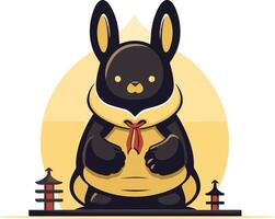 Black Rabbit in a Yellow Kimono with Red Ribbon vector