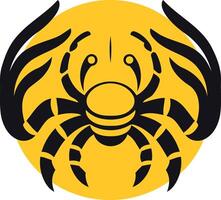 A bold and graphic black scorpion design, with stylized limbs, within a bright yellow circular background vector