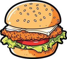 Cartoon illustration of a juicy hamburger with lettuce, tomato, cheese and a sesame seed bun vector