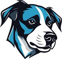 A bold, graphic illustration of a dog's head, featuring a blue and white color scheme vector