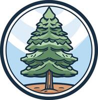 A cartoon-style evergreen tree, encased within a white circular frame, against a soft blue background vector