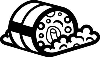 A simple black and white illustration of a barrel rolling into a cloud of bubbles vector