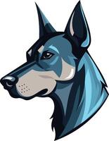 A striking illustration of a doberman pinscher head, rendered in a bold blue and gray color scheme vector