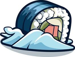 A fun and cartoonish illustration of a sushi roll half submerged in a wave, perfect for menus, social media, or branding vector