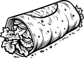 A hand drawn illustration of a delicious burrito, perfect for menus, recipe books, or as a cute and quirky design element vector