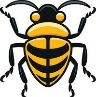 This illustration features a cartoon bug with a yellow and black striped shell, black legs, and large, round eyes vector