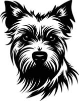 A striking black and white portrait of a yorkshire terrier, capturing the dog's soulful eyes and distinctive fur vector