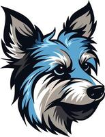 A bold and fierce illustration of a dog's head, with a striking blue and grey color scheme vector