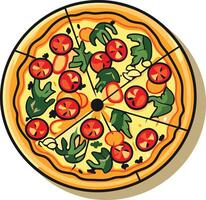 A colorful cartoon pizza illustration with various toppings, perfect for menus, websites, or social media posts vector