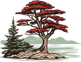 A stylized illustration of two trees on a small island, with mountains and water in the background vector