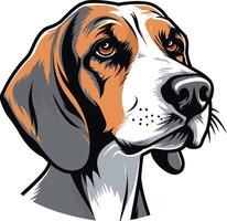 A detailed and expressive illustration of a beagle dog's head, featuring a close up view of its soulful eyes and distinctive facial features vector