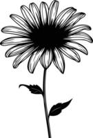 Elegant black and white silhouette of a single daisy with a delicate stem and leaves vector