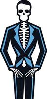 A skeleton in a black suit with a blue lining, standing with hands clasped vector