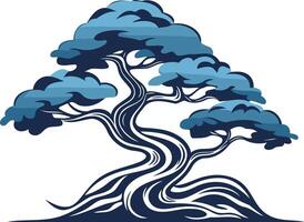 A stylized blue bonsai tree with intricate branches and a thick, swirling trunk vector