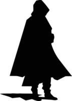 Black and white silhouette of a person in a hooded cloak, standing with a mysterious air vector