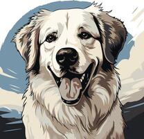 A friendly golden retriever smiles, tongue out, in a colorful illustration vector