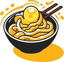 A cartoon illustration of a bowl of noodles with a runny egg on top and chopsticks vector