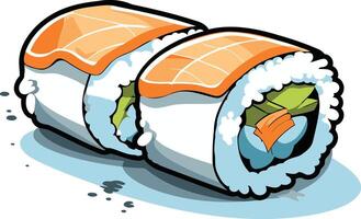 A cartoon illustration of two salmon sushi rolls, perfect for menu designs, restaurant branding, and social media posts vector