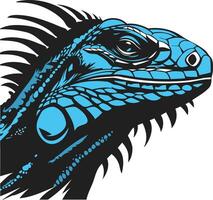 A bold and striking illustration of an iguana's head, featuring a blue and black color scheme and a detailed, textured design vector