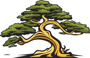 A stylized illustration of a bonsai tree, with lush green foliage and a gnarled, golden trunk vector
