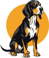 A sleek and stylized illustration of a black and white hunting dog sitting against a vibrant orange sun vector