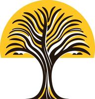 A stylized tree silhouette, with a yellow sun behind it vector