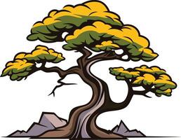 A cartoon illustration of a bonsai tree with green and yellow leaves, perfect for use in educational materials, nature-themed designs, or as a logo for a gardening business vector
