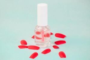 manicure flat on a turquoise background. glitters for manicure or makeup design, false nails photo