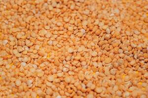 dry red peas scattered on a yellow background close-up. place for text. Texture photo