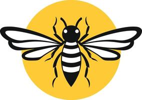 A simple yet striking illustration of a stylized bee silhouette in black and white against a bright yellow sunburst vector