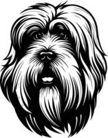 A striking black and white illustration of a dog's head, featuring detailed fur and a friendly expression vector