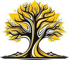 Stylized, abstract tree with yellow foliage and black trunk, ideal for nature-inspired logos, branding, and environmental design vector