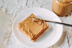 peanut butter sandwich. Healthy and tasty breakfast or snack. photo