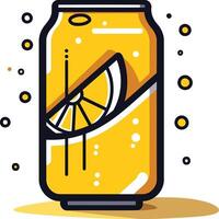 A cheerful cartoon illustration of a yellow can of soda with a lemon slice vector