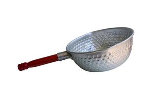 A silver pan with a wooden handle sits on a white background. The pan is empty and has a circular shape photo