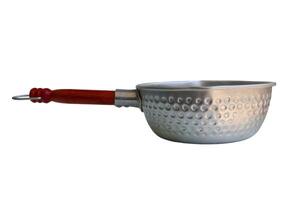 A silver pan with a wooden handle sits on a white background. The pan is empty and has a circular shape photo