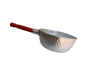 A silver pan with a wooden handle sits on a white background. The pan is empty and has a circular shape photo