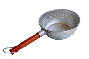 A silver pan with a wooden handle sits on a white background. The pan is empty and has a circular shape photo