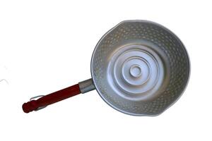 A silver pan with a wooden handle sits on a white background. The pan is empty and has a circular shape photo