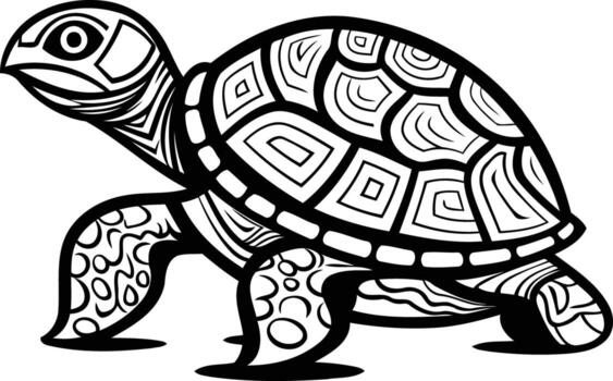 un detallado línea dibujo de un Tortuga con un estampado cáscara vector