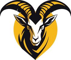 A bold, graphic illustration of a mountain goat's head with a fierce expression, set against a yellow circle background vector