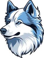 A stylized illustration of a wolf's head, with blue accents around the eyes and ears, perfect for logo design, branding, and mascot concepts vector