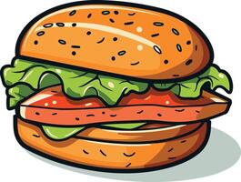 A cheerful cartoon hamburger with sesame seed bun, lettuce, tomato, and ketchup vector