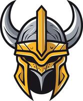 A fierce and powerful viking helmet with horns and a golden crest vector