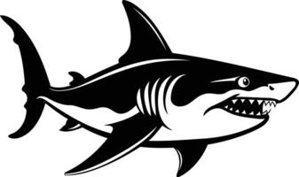 Black and white illustration of a fierce shark with a menacing open mouth, perfect for tattoos, logos, or designs that need a strong and bold animal image vector