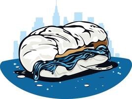 A cartoon illustration of a clam sandwich, with a city skyline in the background vector