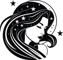 A beautiful and elegant silhouette of a woman with flowing hair adorned with stars vector