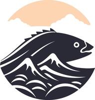 A bold, black and white illustration of a fish leaping from the waves with a stylized sun in the background vector